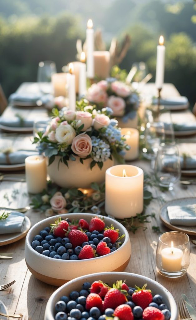 A wooden table set for a meal with bowls of strawberries and blueberries, floral centerpieces, lit candles, plates, and cutlery arranged in natural sunlight.