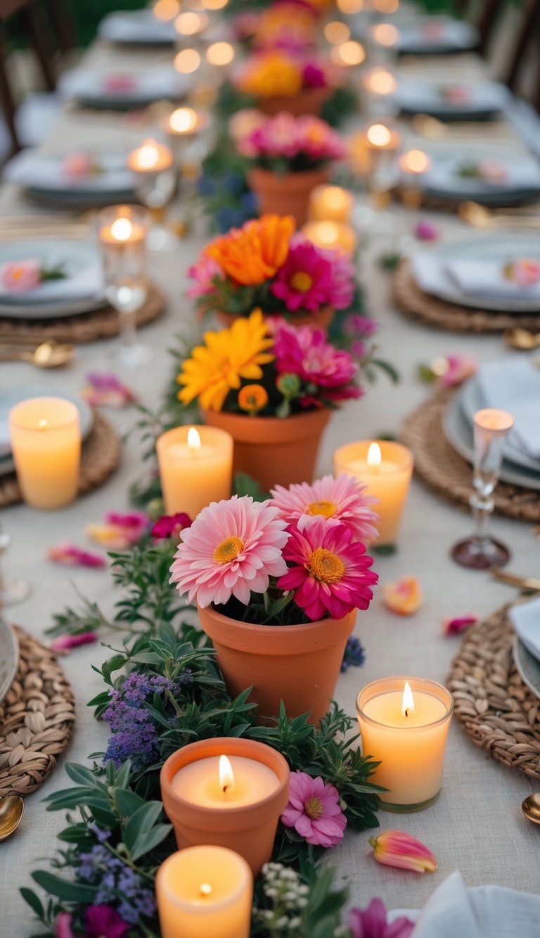 A summer event table set with small terracotta pots holding brightly colored flowers, candles, and elegant tableware arranged evenly along the table.