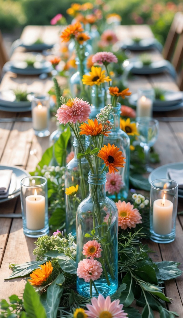 A long wooden table outdoors set with glass bottles filled with wildflowers, candles, and greenery arranged as centerpieces.