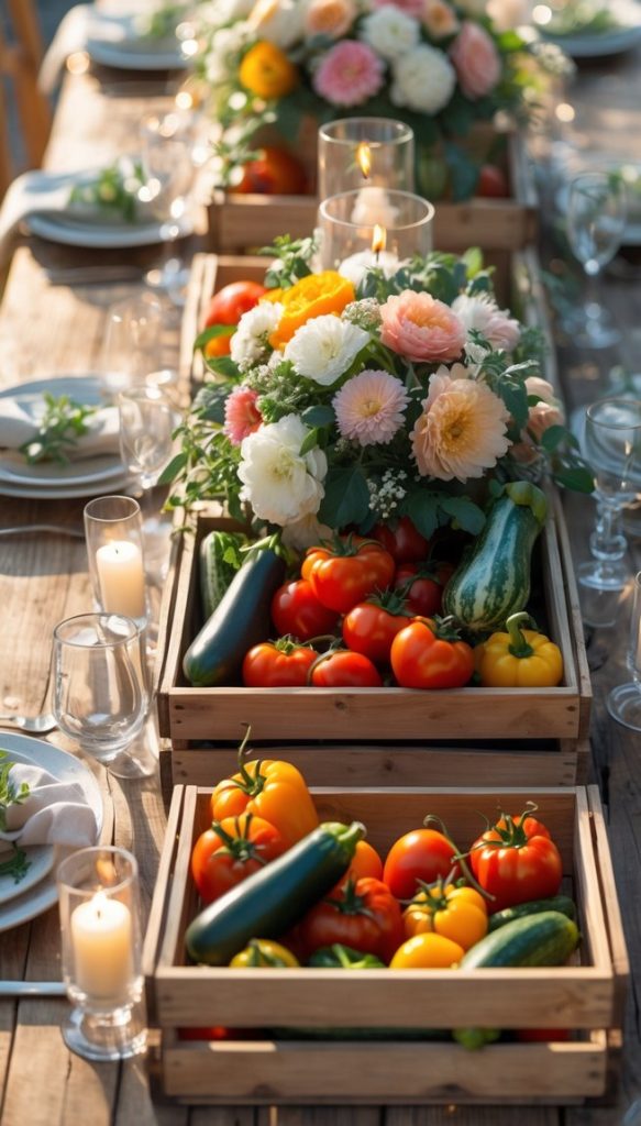 A wooden outdoor table is set with plates, glasses, candles, floral arrangements, and crates filled with fresh tomatoes, zucchini, and bell peppers.