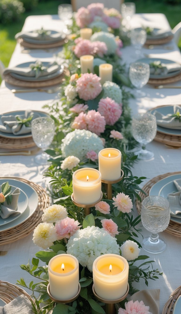 A summer outdoor dining table set with citronella candles in decorative holders, floral centerpieces, glassware, and plates, illuminated by natural sunlight.