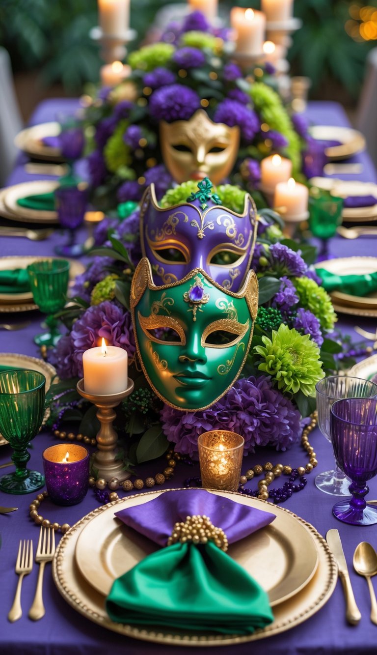 A festive Mardi Gras tablescape with colorful masks, flowers, candles, and decorative beads arranged on a dining table.
