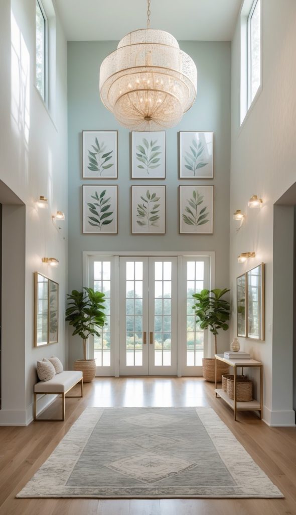 A spacious, light-filled entryway with a large chandelier, botanical prints on the wall, double glass doors, potted plants, a bench, and a rug on wooden flooring.