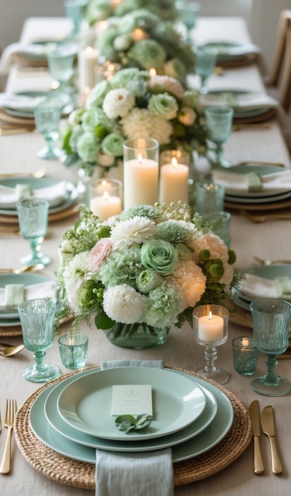 A long dining table set with pale green plates, woven placemats, glassware, floral centerpieces, and lit candles, arranged for a formal gathering.