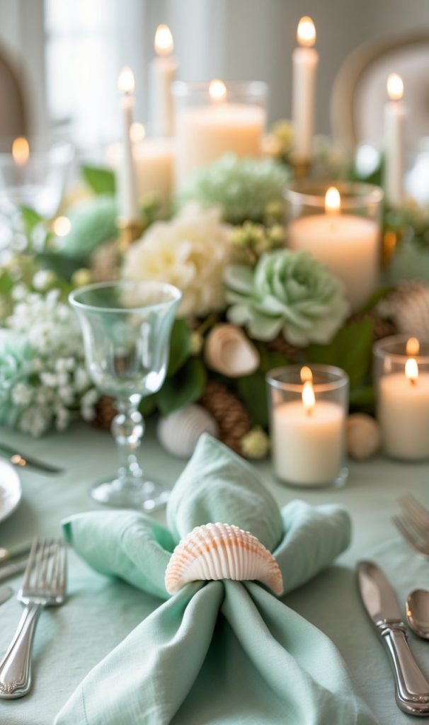 Elegant table setting with mint green napkin, seashell napkin ring, silver cutlery, glassware, white candles, and a centerpiece of flowers and greenery.