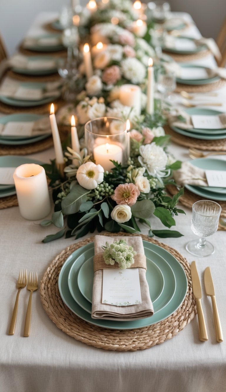 A full view of a decorated table with natural jute placemats, seafoam green chargers, floral centerpiece, and lit candles.