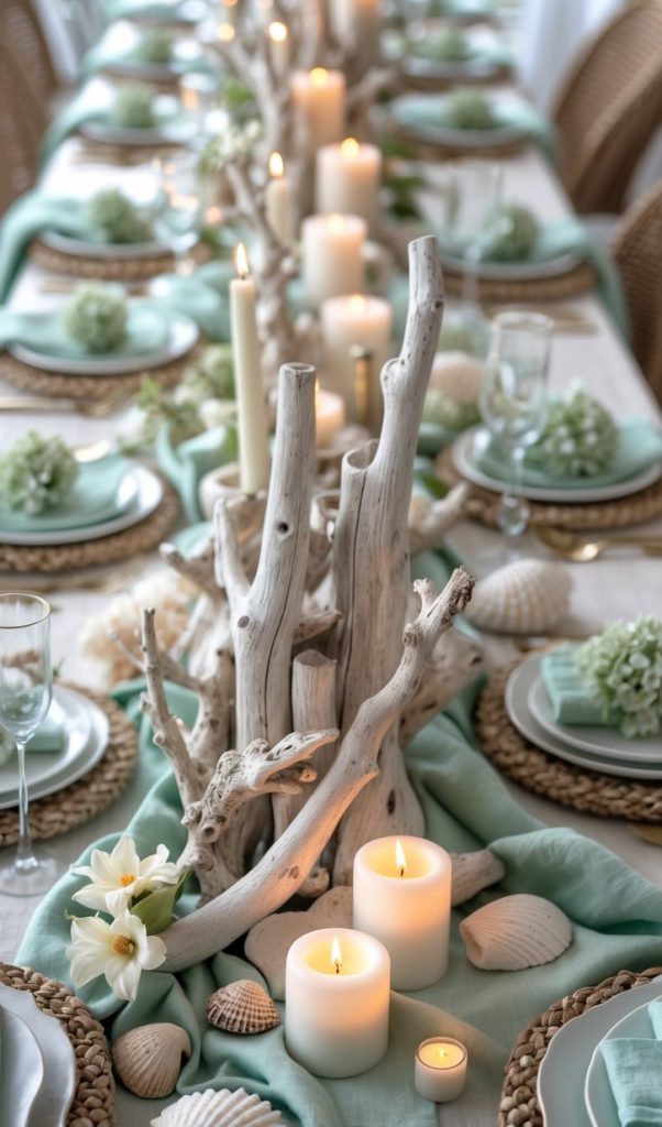 A long dining table set with seafoam green napkins, white plates, driftwood centerpieces, candles, seashells, and white flowers, creating a coastal-themed decor.