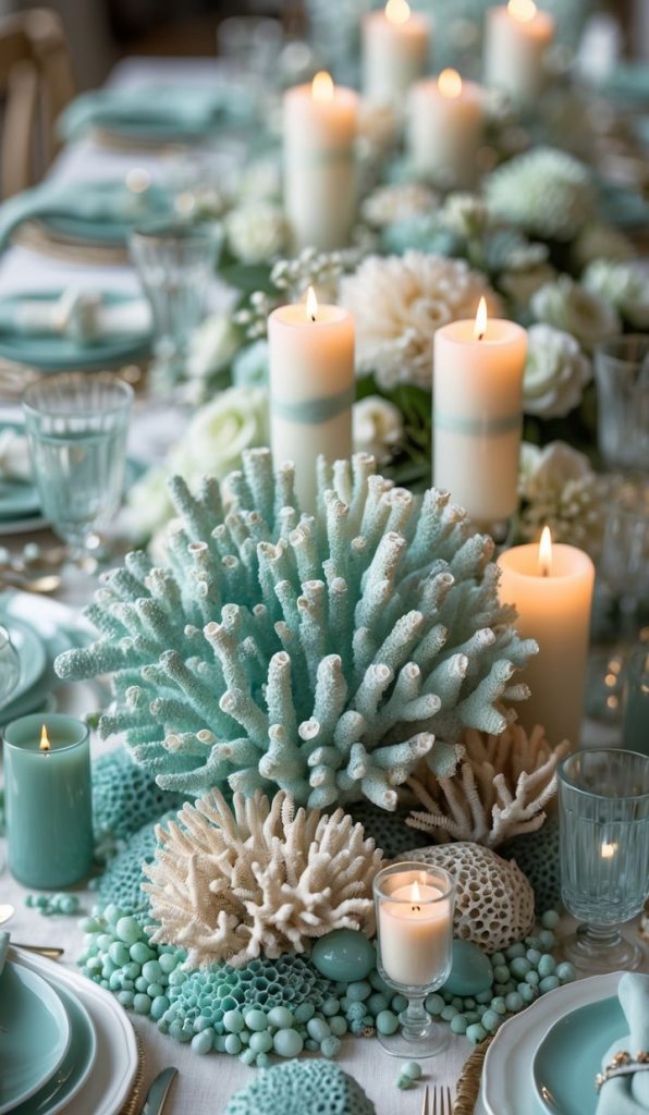 Elegant table setting with seafoam-colored coral centerpieces, white flowers, candles, and matching dinnerware arranged for a formal event.