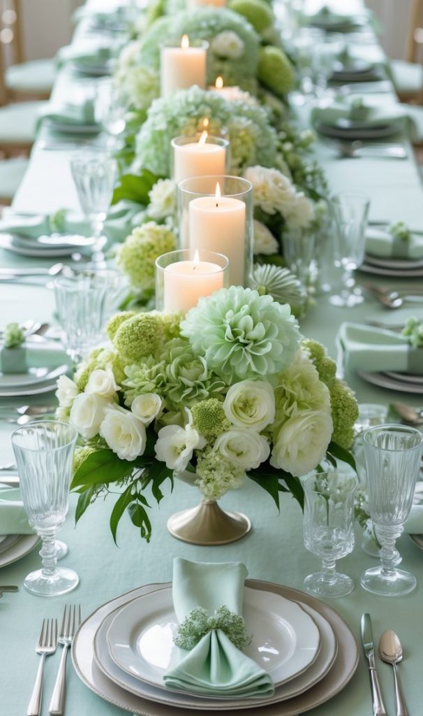 A long table set with white and green floral centerpieces, lit candles, glassware, plates, silverware, and folded napkins, arranged for a formal event or celebration.