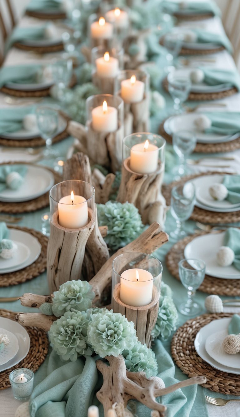 A full table view with driftwood candle holders, seafoam-colored flowers, lit candles, and elegant place settings arranged for an event.