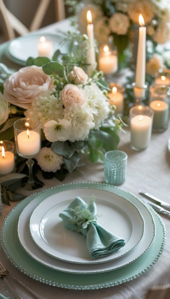 A formal table setting with white and mint green plates, a flower centerpiece, candles, and a neatly folded napkin decorated with greenery.