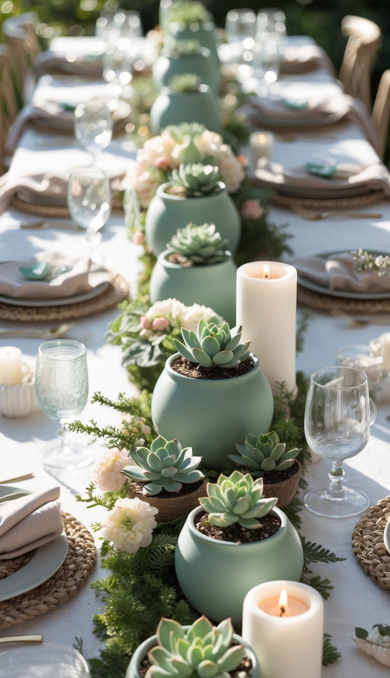 A full view of a table set with mini succulent pots in seafoam green containers, surrounded by flowers and candles.
