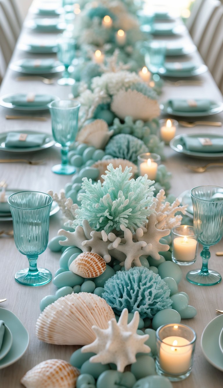 A beautifully arranged table with seafoam green decorations, underwater-themed salt and pepper shakers, candles, and floral centerpieces.