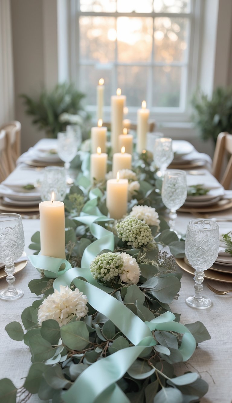 A full view of a table set for an event with dried eucalyptus and seafoam ribbon garland, candles, and floral centerpieces under natural light.