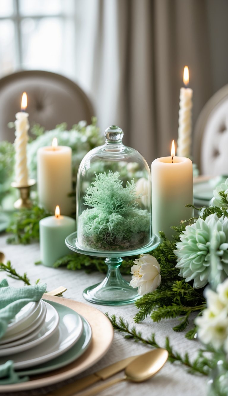 A full view of a decorated table with a mini glass cloche containing seafoam green moss, surrounded by candles and flowers.