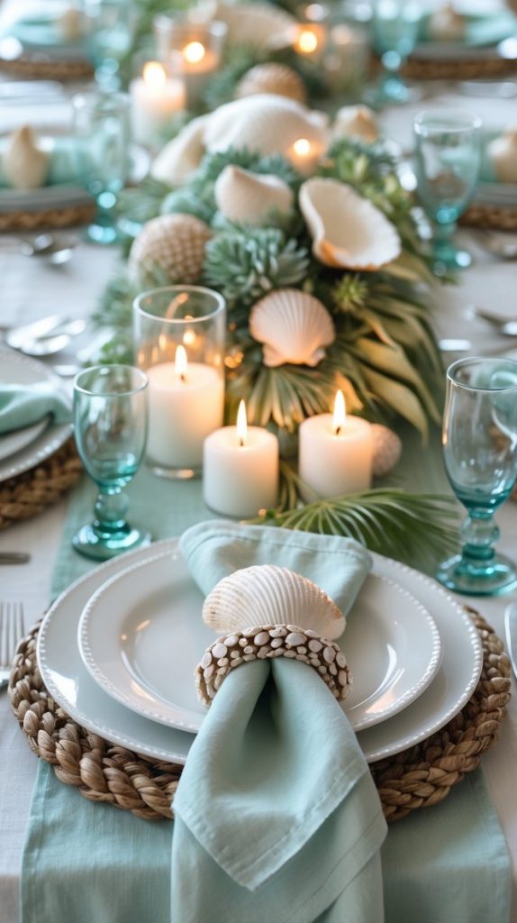 A coastal-themed table setting with white plates, aqua napkins, seashell accents, woven placemats, lit candles, and greenery arranged on a white tablecloth.