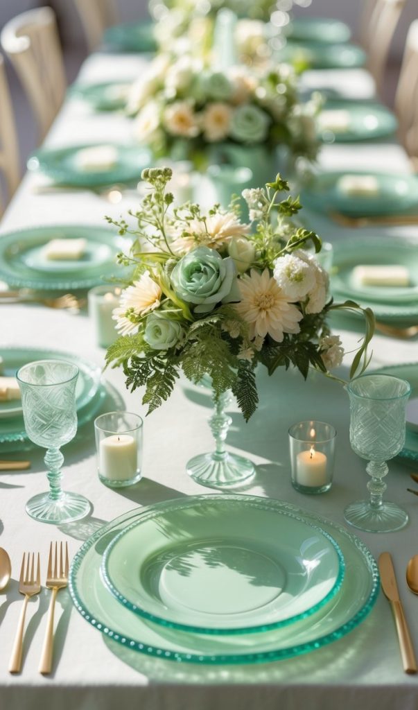A long dining table is set with mint green plates, glasses, gold cutlery, and floral centerpieces, accompanied by lit candles.