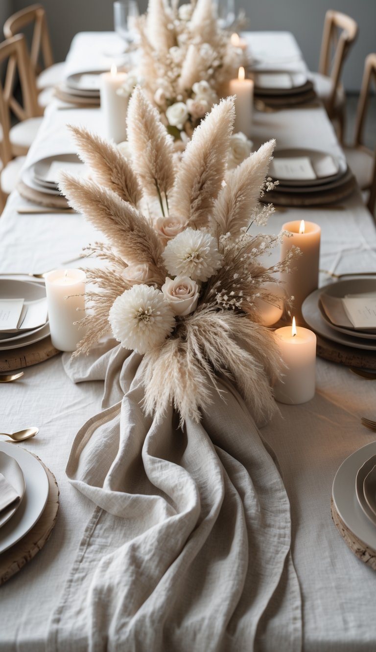A full view of a table set with a linen runner, pampas grass centerpiece, candles, and florals in neutral tones.