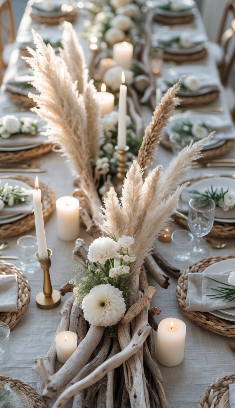 A long table set with pampas grass and driftwood centerpiece, candles, and floral arrangements, illuminated by natural light.