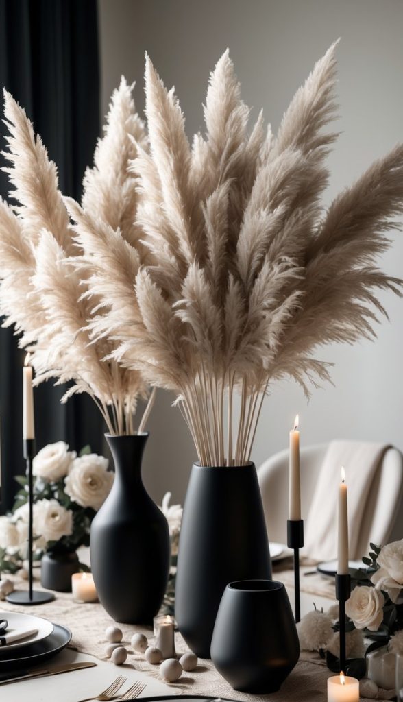A dining table decorated with black vases holding pampas grass, white flowers, candles, and neutral-toned tableware in an elegant, minimalist style.