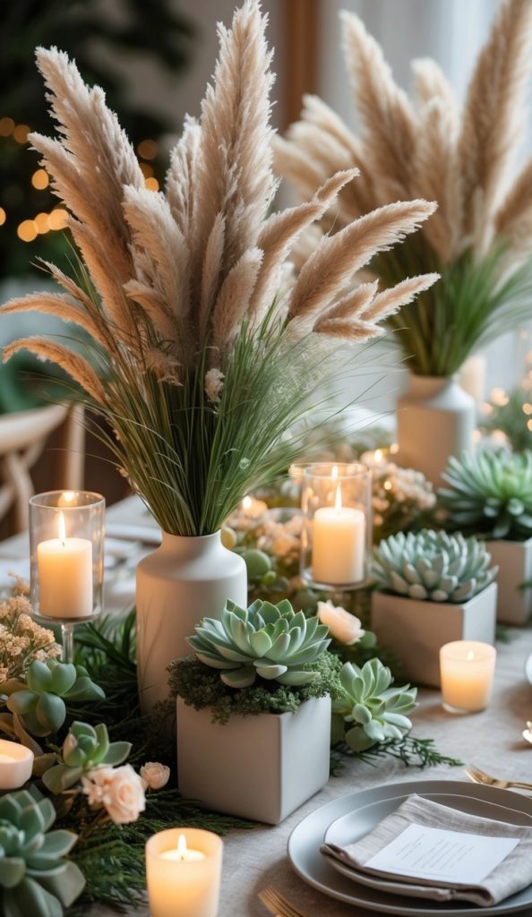 A decorated dining table with pampas grass centerpieces, succulent plants in white pots, lit candles, and neatly set plates and utensils.