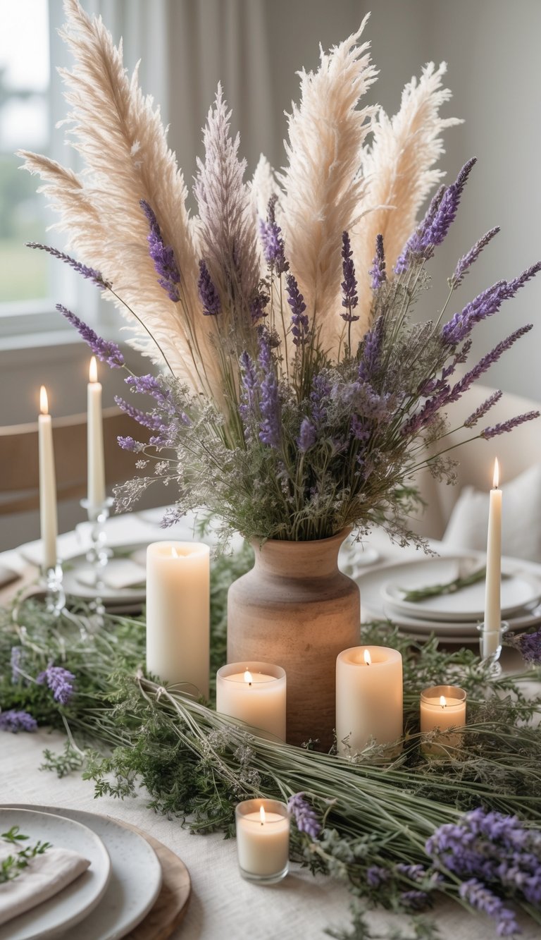 A beautifully arranged table with a centerpiece of pampas grass and lavender bundles, surrounded by candles and elegant tableware.