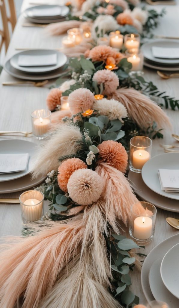 A long table set with plates, gold cutlery, lit candles, and a central arrangement of peach flowers, pampas grass, and greenery.