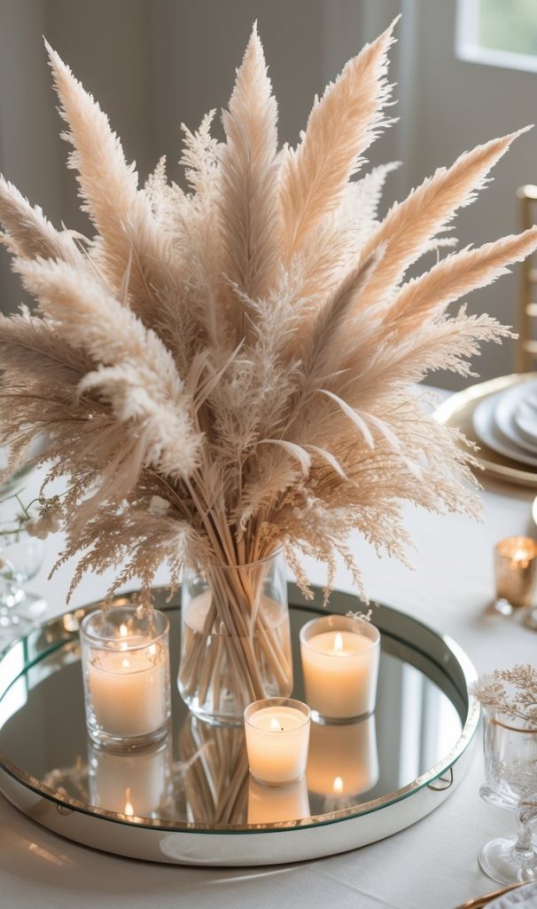 A glass vase with pampas grass is arranged on a round mirror tray, surrounded by lit candles, on a neatly set dining table.