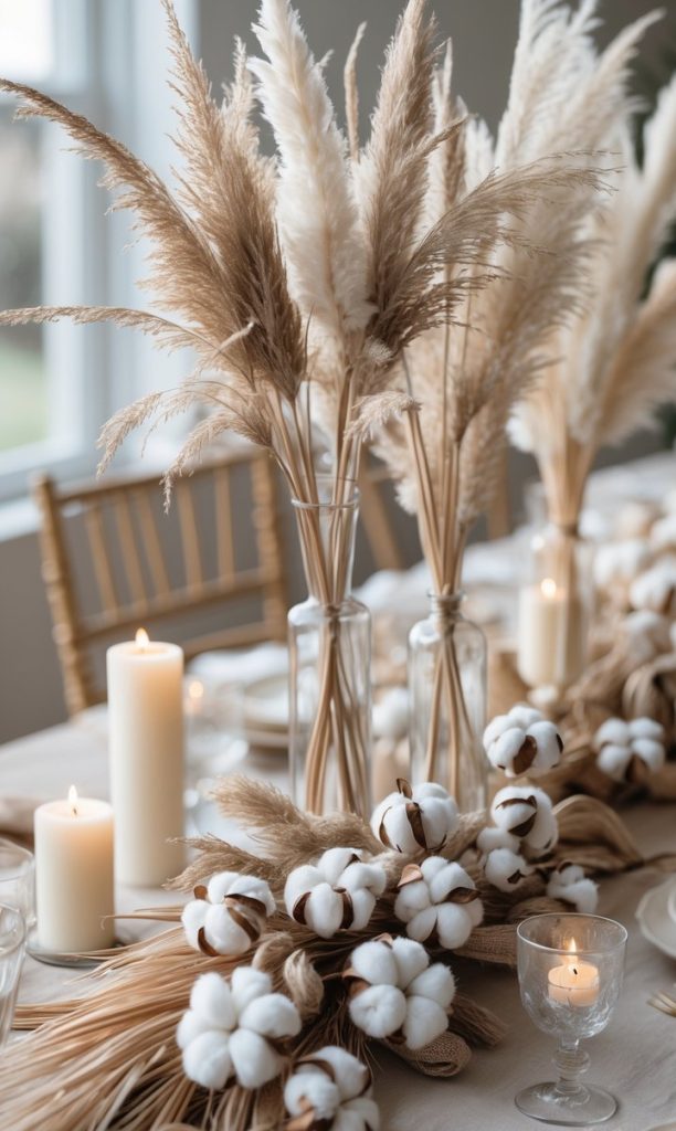 A table decorated with white candles, glass vases of pampas grass, and cotton stem arrangements, creating a neutral-toned, elegant centerpiece.