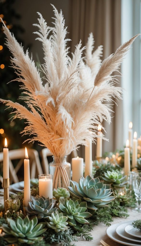 A dining table set with white candles, glassware, plates, green succulents, and a large pampas grass arrangement in a vase as the centerpiece.