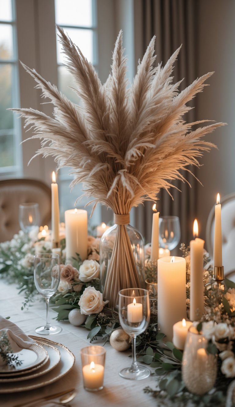 A dining table set with white plates, glassware, lit candles, white roses, greenery, and a central vase with pampas grass, in a softly lit room.
