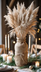 A burlap-wrapped vase filled with pampas grass is surrounded by lit candles and greenery on a decorated dining table.