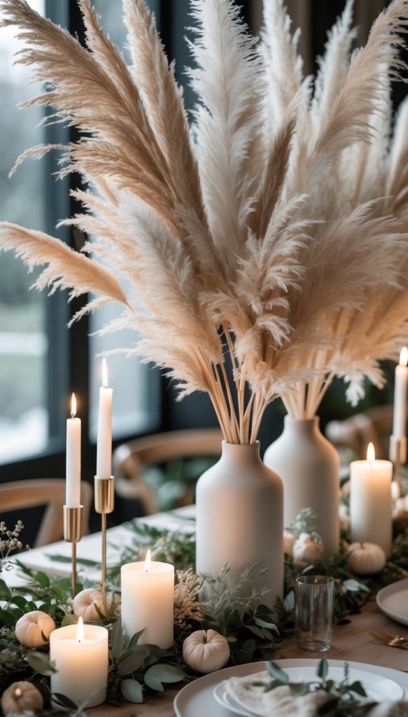 A decorated dining table with white vases of pampas grass, lit candles, small white pumpkins, and greenery, set for a meal near large windows.