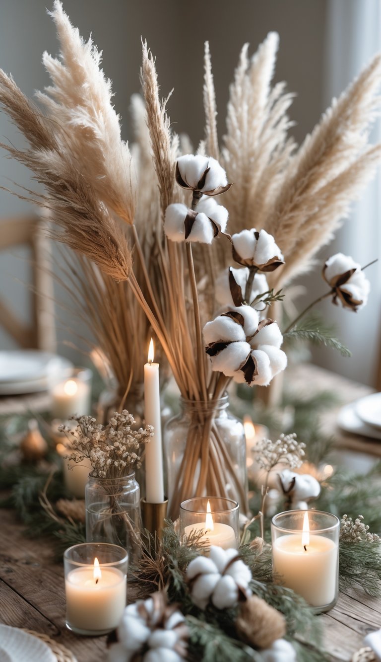 A full view of a table with a dried pampas grass and cotton stem centerpiece surrounded by candles and floral accents.