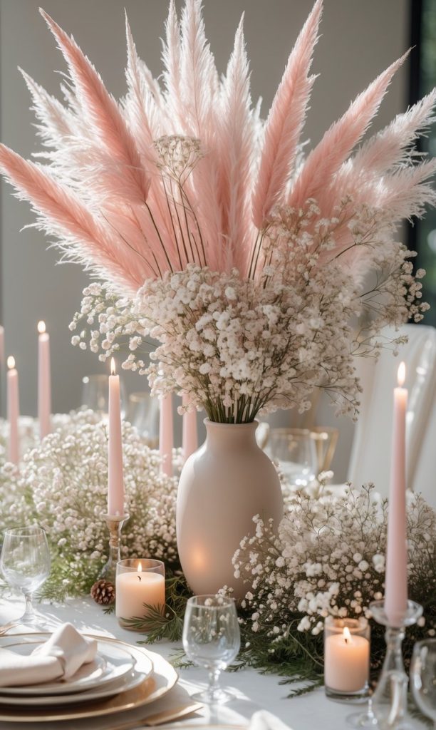 Elegant table setting with white plates, glassware, pink taper candles, and a centerpiece of pink pampas grass and white baby’s breath in a white vase.