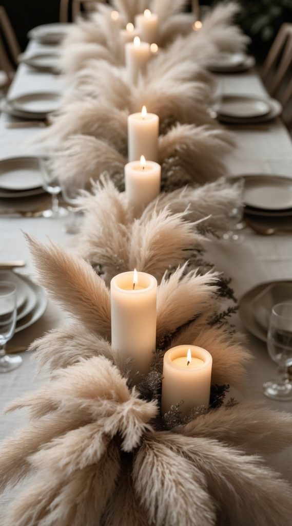 A long dining table set with white plates and glasses, decorated with lit pillar candles and pampas grass centerpieces.
