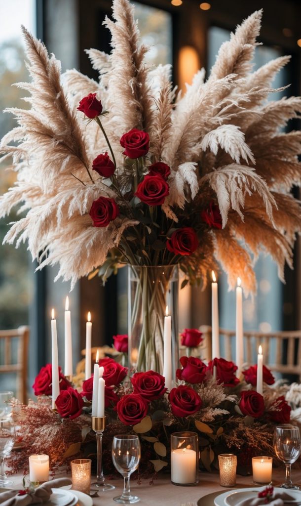 Tall glass vase with pampas grass and red roses as centerpiece, surrounded by candles, red roses, and table settings on a formal dining table.