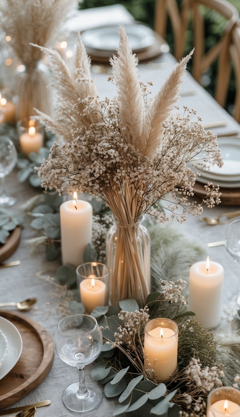 A full view of a table set for an event with a centerpiece of pampas grass and dried baby’s breath surrounded by candles and tableware.