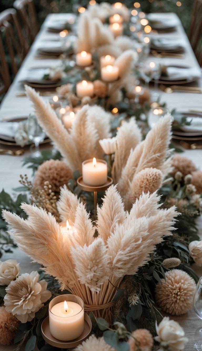 A table set for an event with a centerpiece of pampas grass in a tea light holder, surrounded by lit candles and flowers.