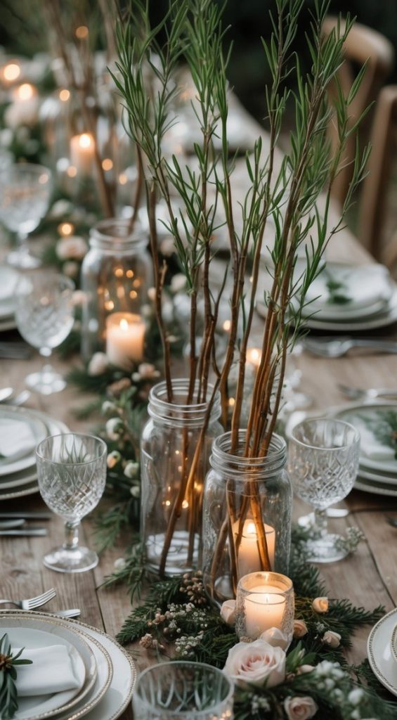 A rustic wooden table set with plates, crystal glasses, napkins, greenery, candles in jars, and tall twigs arranged as a centerpiece for a formal dinner.