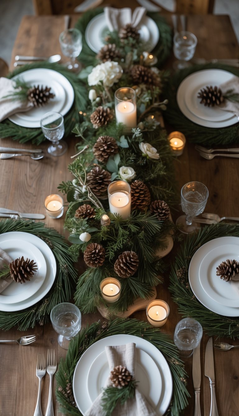 Dining table set with plates on pine needle wreaths, glasses, cutlery, floral centerpieces, and candles.