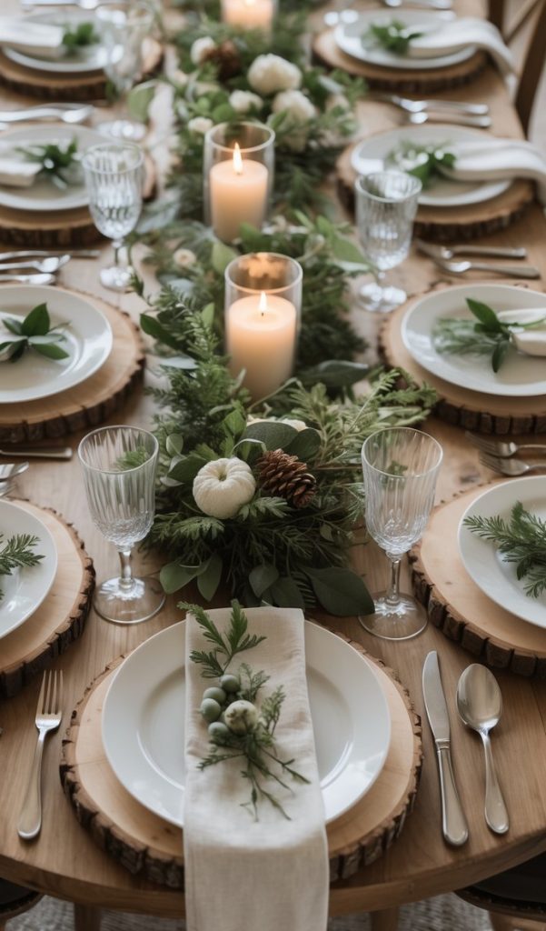 A wooden table set for a meal with white plates, crystal glasses, silver cutlery, green foliage, pinecones, candles, and small pumpkins arranged as a centerpiece.