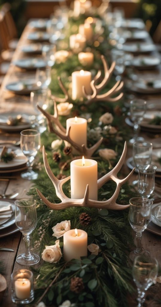 Long wooden table set for a meal, decorated with antlers, lit candles, greenery, and white flowers; plates, glasses, and cutlery are neatly arranged.