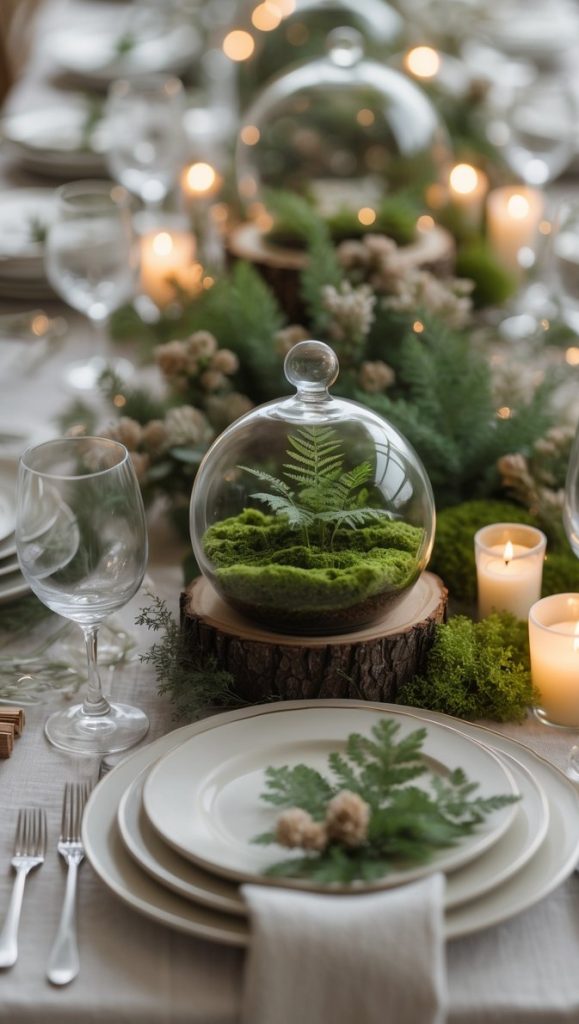 A formal dining table set with white plates, glassware, fern-themed decorations, lit candles, and glass cloches covering small fern arrangements.