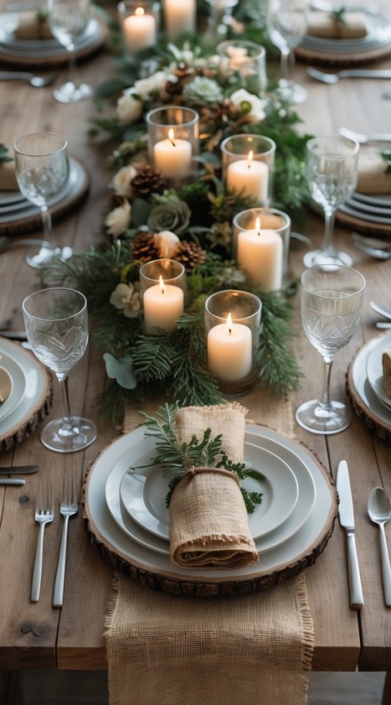A rustic wooden table set for a meal with white plates, burlap napkins, glassware, and a centerpiece of candles, greenery, pinecones, and flowers.