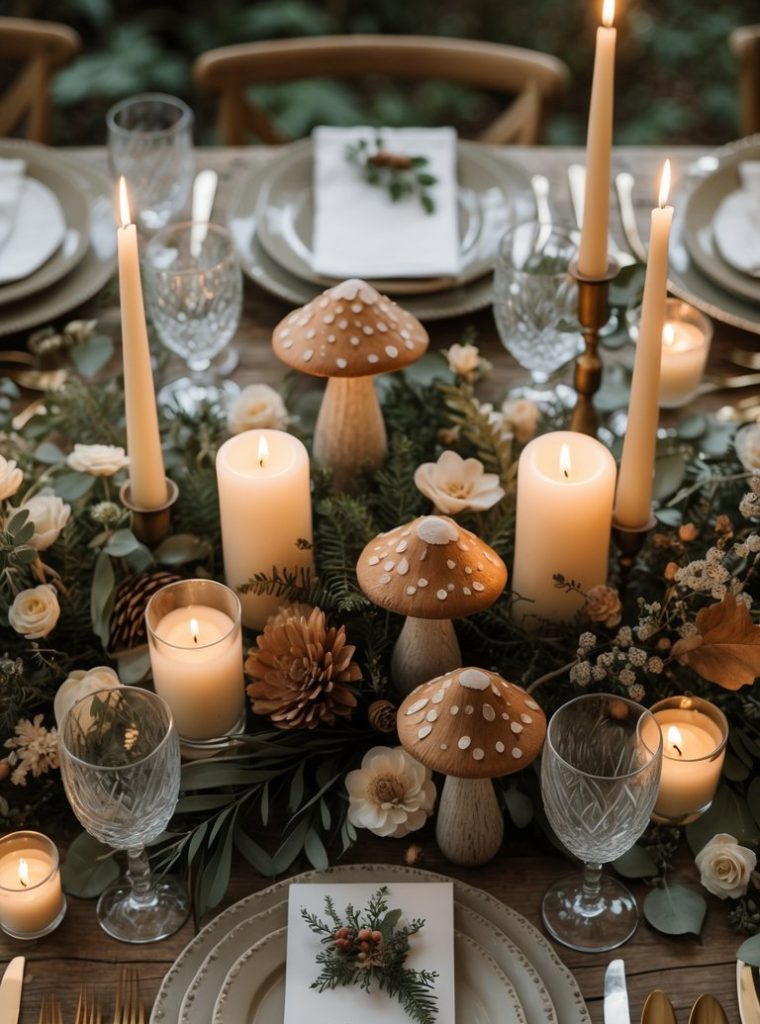 A rustic table setting with gold cutlery, white plates, crystal glasses, candles, faux mushrooms, greenery, and a floral menu card centerpiece.