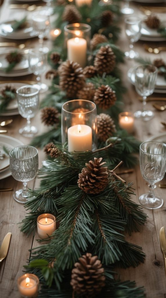 A wooden dining table set with plates, glasses, gold cutlery, and decorated with pine branches, pinecones, and lit candles arranged along the center.