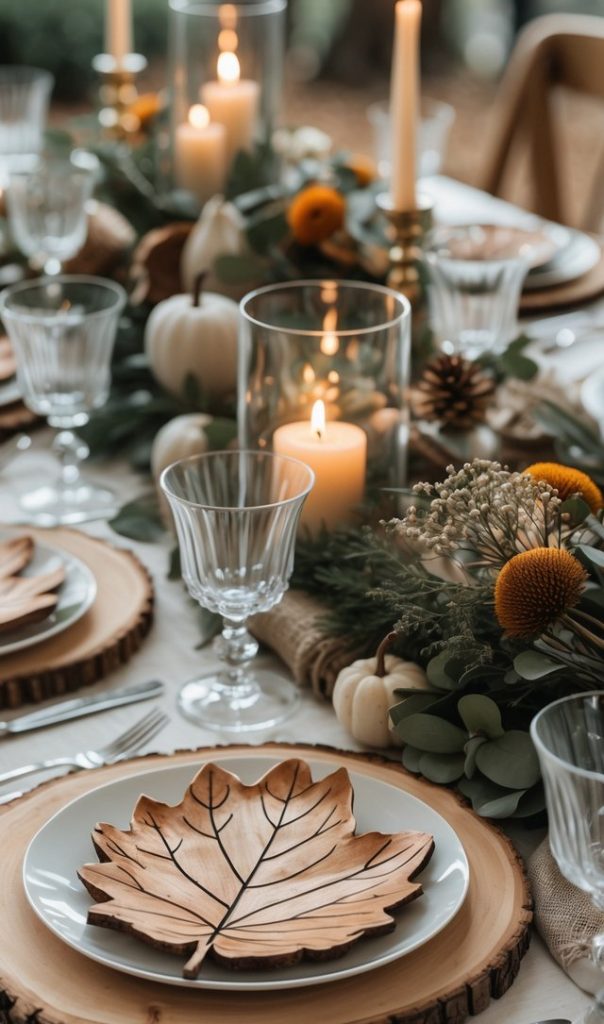 A decorated dining table with leaf-shaped plates, wooden chargers, glassware, candles, and autumn-themed centerpieces featuring pumpkins and foliage.