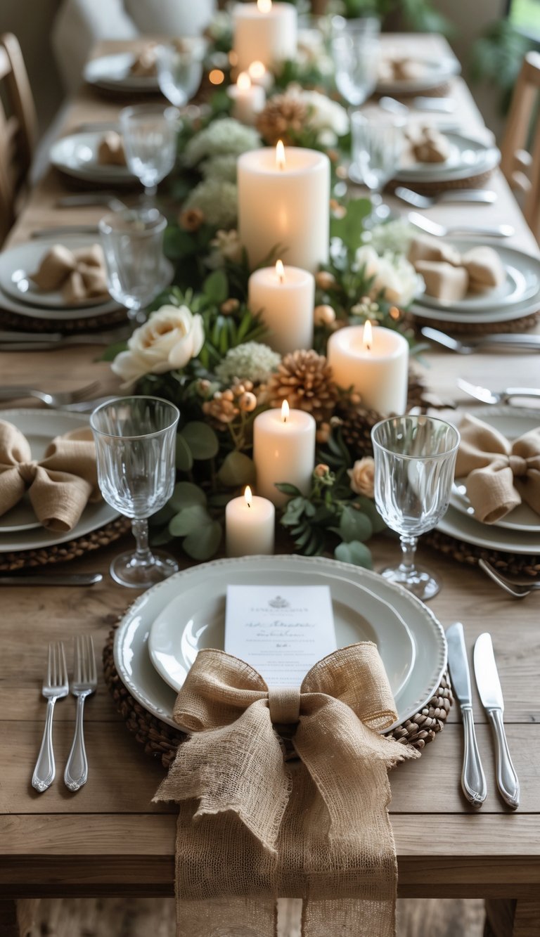 A dining table set with plates, cutlery, water glasses tied with burlap bows, candles, and floral centerpieces.