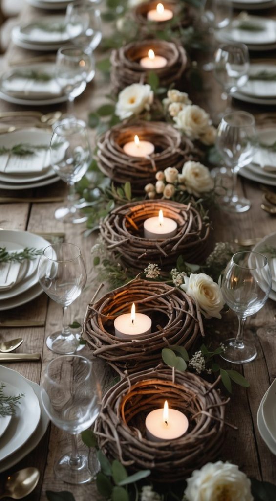 A long dining table set with plates, glasses, and silverware, featuring rustic candle centerpieces in twig nests and white rose floral arrangements.